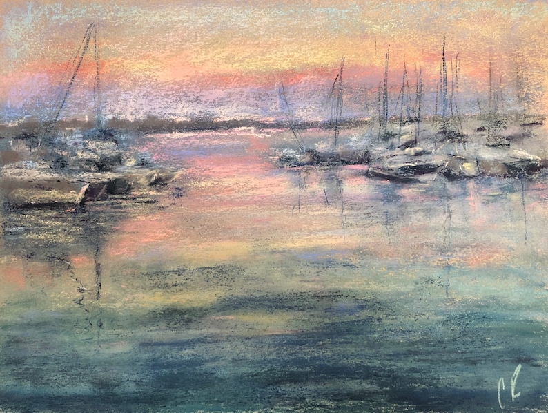 Original Fine Art Pastel on Paper Sailboats Waterfront Etsy