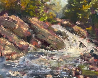 Obra de arte original - Pastel sobre papel, cascadas, río, rocas