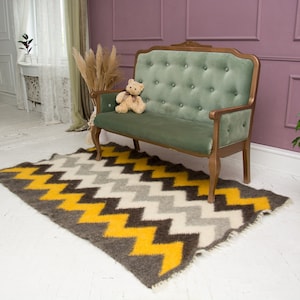 Handwoven Wool Area Rug: Yellow, Grey, Black, White image 1