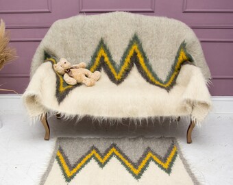 Wool Bedcover and Rug Set: Woven Throw Blanket, Bedside Mat