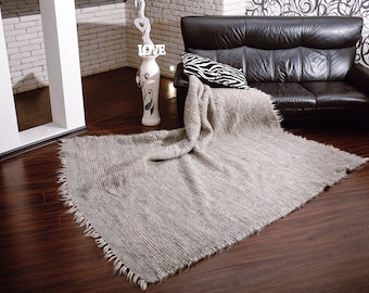 Handwoven Gray Wool Rug: Bohemian Living Room Rug