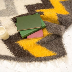 Handwoven Wool Area Rug: Yellow, Grey, Black, White image 4