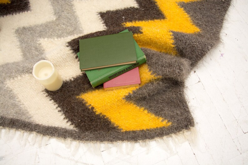 Handwoven Wool Area Rug: Yellow, Grey, Black, White image 4