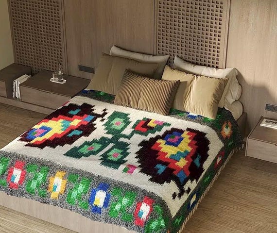 Handmade Carpathian Wool Blanket - Multi-Color Bedspread or Rug, Natural Sheep Wool