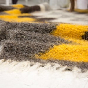 Handwoven Wool Area Rug: Yellow, Grey, Black, White image 8