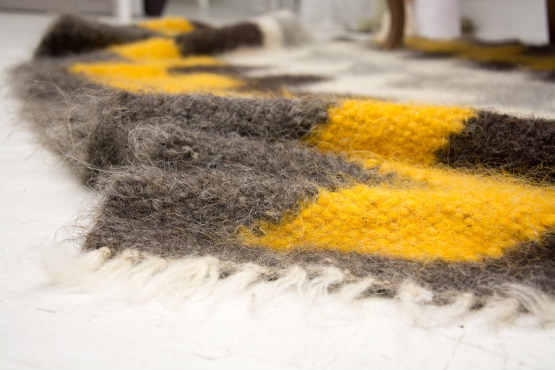 Handwoven Wool Area Rug: Yellow, Grey, Black, White image 8