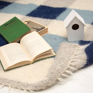 May include: A white birdhouse with a round opening sits on a blue and white striped rug with two open books. One book is green and has the title "Muscat" on the cover. The other book is open and has white pages.