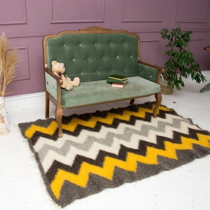Handwoven Wool Area Rug: Yellow, Grey, Black, White image 3