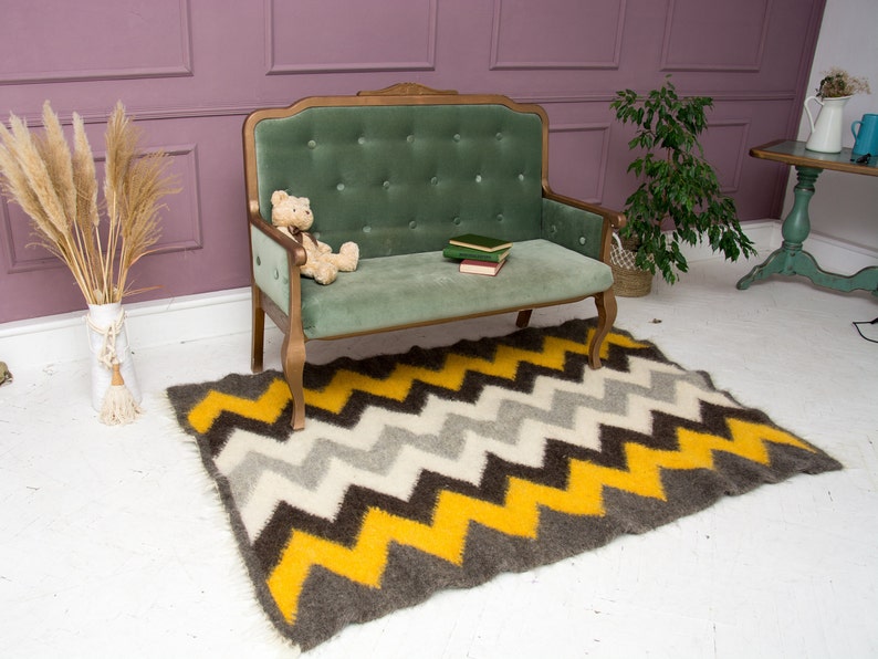 Handwoven Wool Area Rug: Yellow, Grey, Black, White image 3