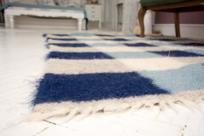 May include: A blue, white and light blue chequered rug with a fluffy texture. The rug has a fringe border.
