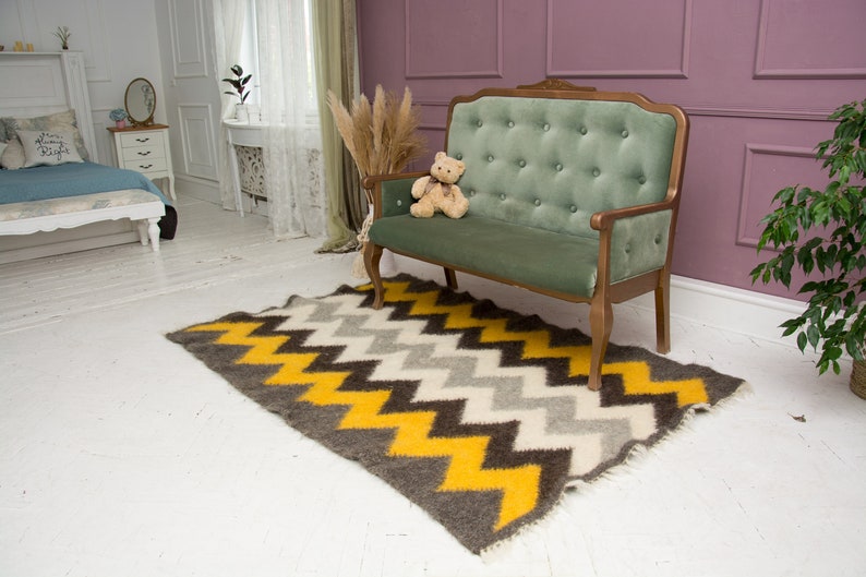 Handwoven Wool Area Rug: Yellow, Grey, Black, White image 1