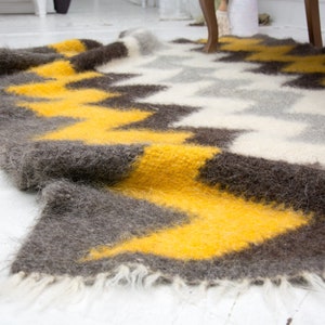 Handwoven Wool Area Rug: Yellow, Grey, Black, White image 7