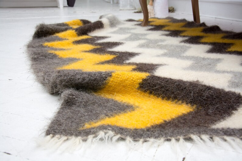 Handwoven Wool Area Rug: Yellow, Grey, Black, White image 7