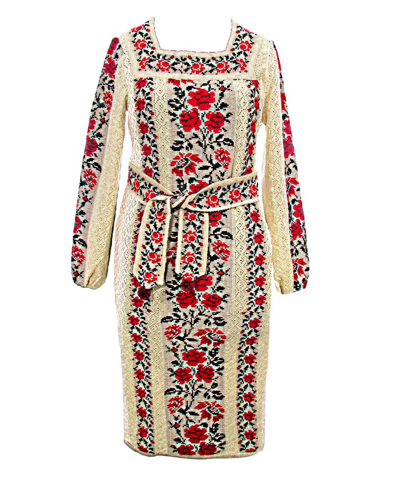 Dresses for women Linen Dress Mom Gift Knitted Dress White embroidered Dress Red roses embroidery Folk Rustic Reenactment clothing