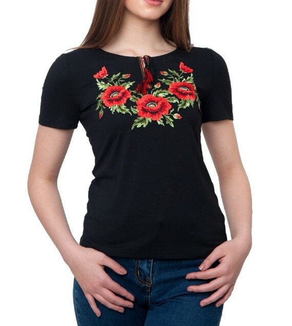 black shirt with red roses