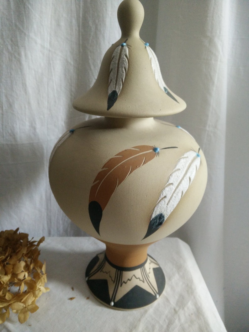 native american pottery fetish bear Large Southwest style urn Navajo shield feathers