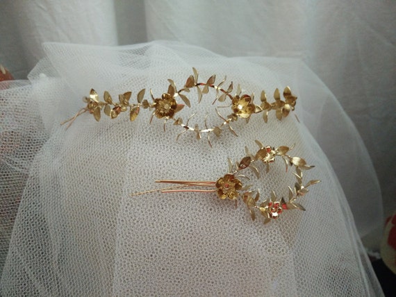 Vintage german myrtle Tiara, golden wedding crown,
