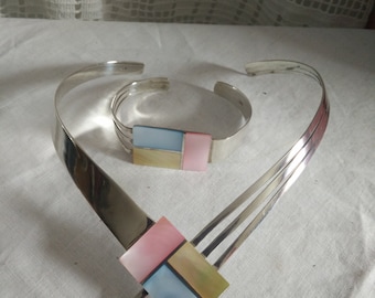 Set collier en armband van 925 sterlingzilver met parelmoer inleg, dweil, modern design, roze, geel, blauw, vintage