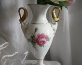 Tall amphora with rose, Kaiser porcelain, golden swans, pink tea rose, shabby chic, boudoir, French brocante style
