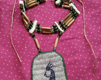 Kokopelli chocker, Southwest design, beaded pendant, real bone hairpipes and glass beads