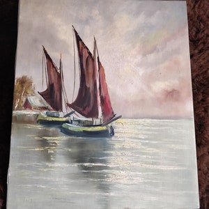 Malarstwo przedstawiające zabytkową żaglówkę, wieczór na morzu, połowa wieku, wystrój marynistyczny