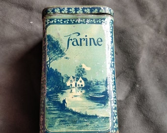 Antique farine tin, small, dutch prints, fisherman, windmill , boats