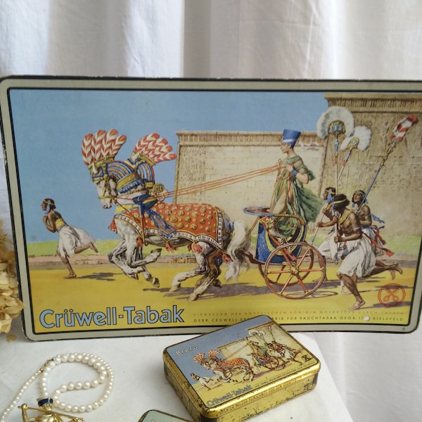 Egyptian revival tobacco Cardboard advertising, cruewell tobacco, Pharao, egyptian Queen on carriage,  ca 1930 , old egypt