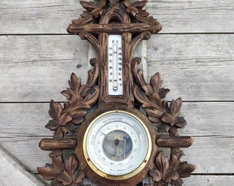 Antique blackforest carved Barometer, black forest, 1880-1900, Victorian with fox