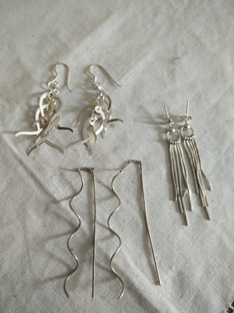 Memphis style Sterling silver chandelier earrings 3 Pairs of 1980s ear hanger vintage stud earrings in 925 Sterling