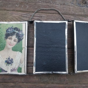 Antique french triptych shaving mirror, french brokante, distressed, Lady in purple