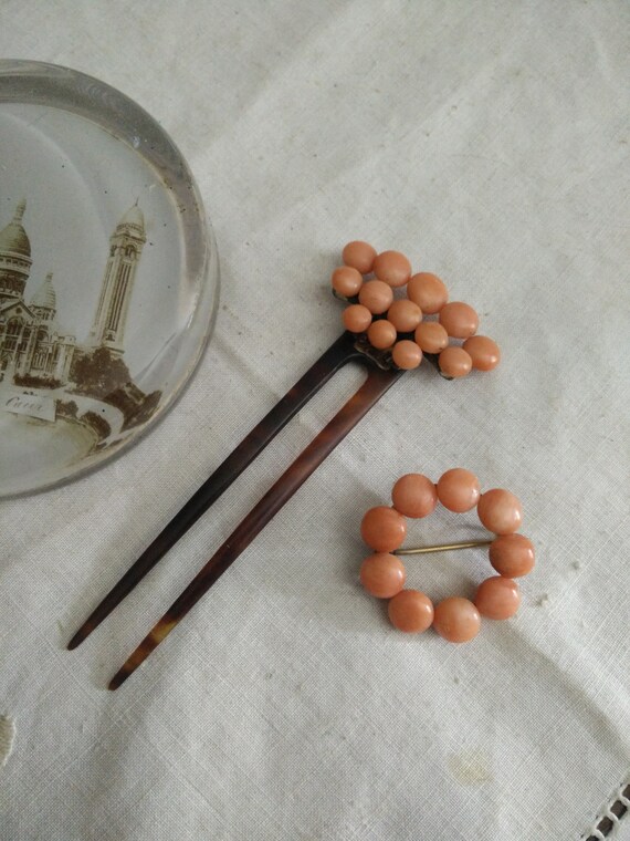 Victorian coral hairpin and brooch, Angel skin cor