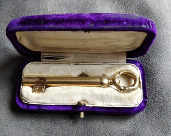 Victorian edwardian gold propelling pencil, articulated pen in Box, hallmarked, chatelaine pencil, Key pencil