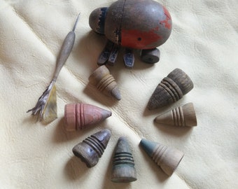 Antique rustic outdoor toys, brocante home, spinning tops, ladybug, dart, Patina, rustic ornaments, set