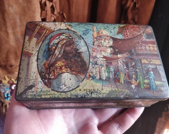 Sulima Revue cigarette Tin, Dresden tobacco tin Box, 1920s, colorfull lithography, turkisch Souk, bazar