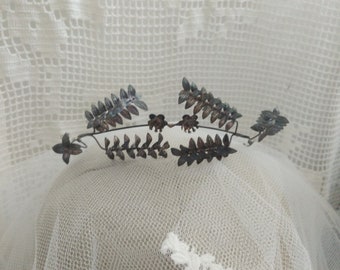 Black, 800 silver german myrtle Tiara, wedding Tiara, bridal wreath, vintage wedding, 1950s german myrtle wedding hair accessiory