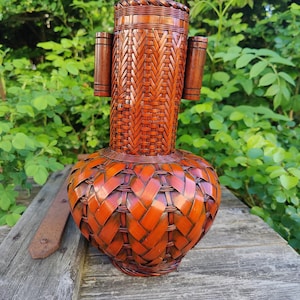 vintage bamboo Ikebana vase, older, mid century