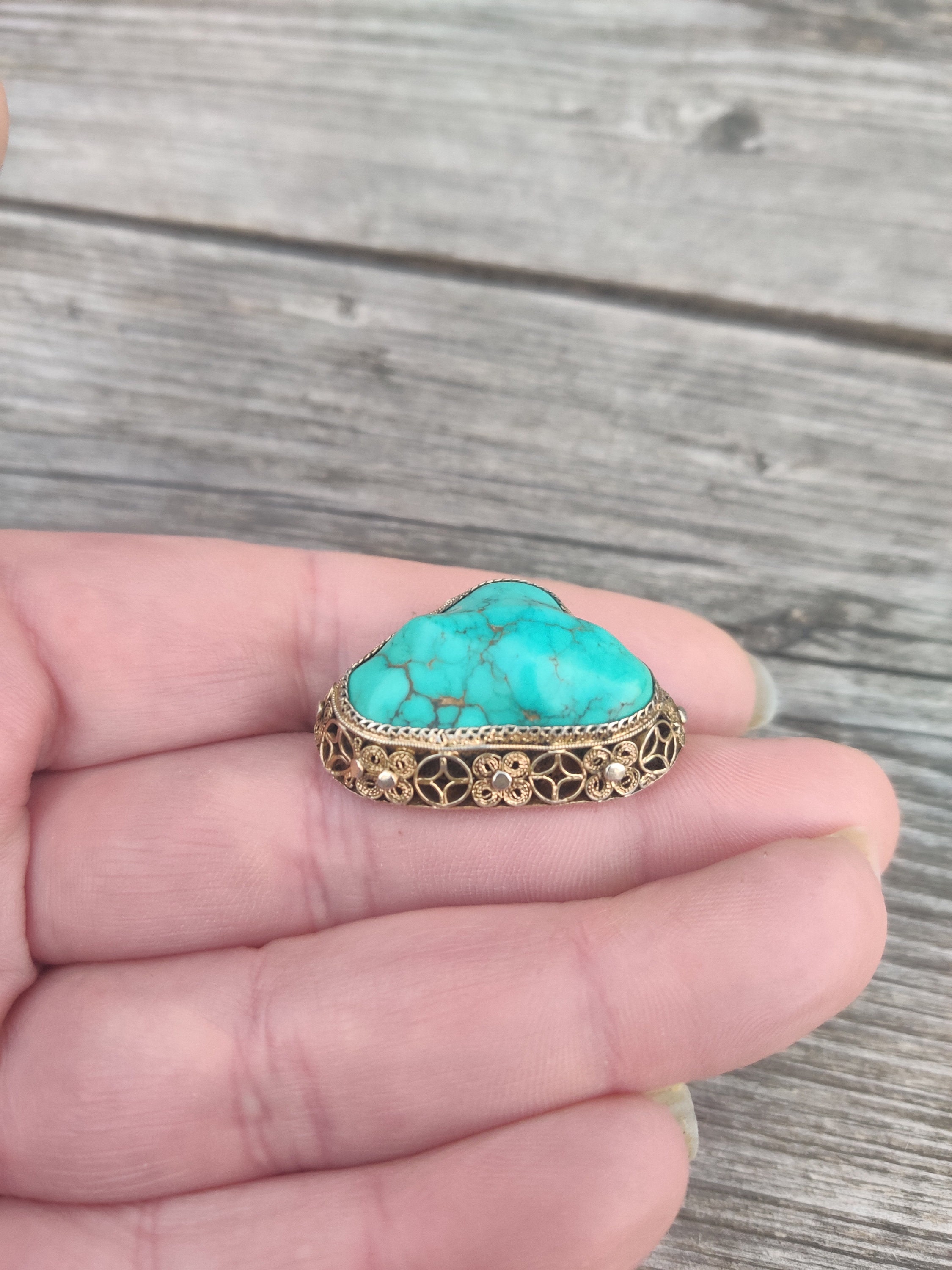 Broche Ancienne Orientale Turquoise Argent Massif - Bijou Ethnique Poinçonné, Pierre Naturelle, Vintage