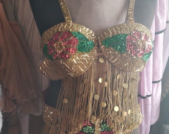 Vintage gold show outfit, burlesque, oriental dance, gold sequins, beaded, brocante,