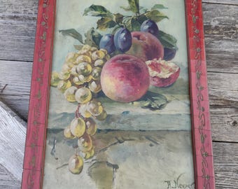 antique fruit still life, art nouveau fruits on a table, original frame with cracks