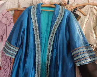 Old theater costume coat, blue with metal braid, vintage, distressed