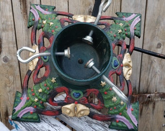 Christmas tree stand, edwardian, Green Red, gold, cast Iron, Stars, brocante