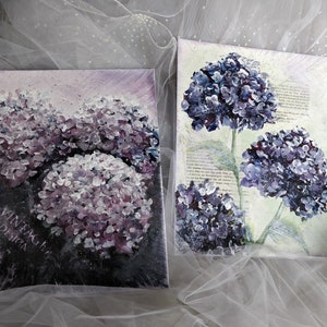 Hortensia pintada con acrílico vintage, flores moradas, shabby chic, brocante sobre cartón