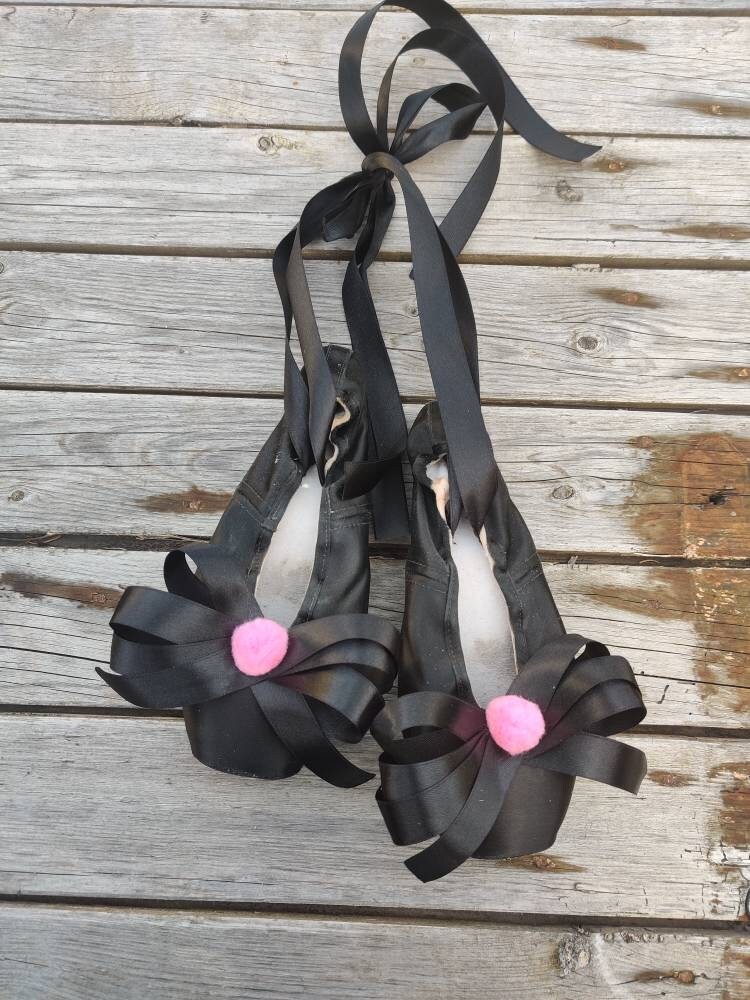 Vintage professional used, black, decorated Pointe shoes, ballerina shoes, ballet shoes, shabby chic, brocante, boudoir style, gustavian
