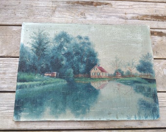 Reserved...Brokante Landscape painting, antique oil, House at a lake