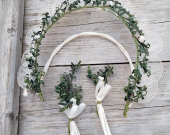 Large green german myrtle Tiara, vintage myrtle wreath, green wedding crown, old wedding diadem, green paper myrtle Tiara, something old