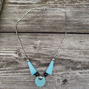 Jacob Bengel, machine era, art Deco necklace, chrome, blue, silver