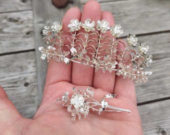 Deutsche silberne Myrtenkrone, Myrte Tiara, Hochzeitsanger, Brauttier, Vintage-Hochzeit Tiara, Korsage, Lapelstift, Brautschmuck