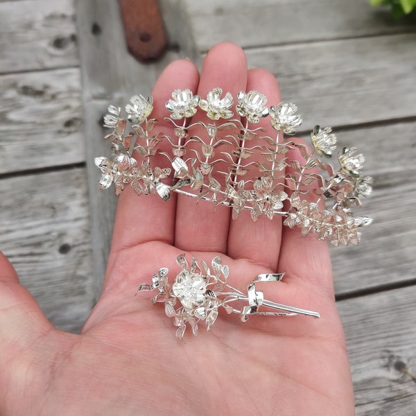 Deutsche silberne Myrtenkrone, Myrte Tiara, Hochzeitsanger, Brauttier, Vintage-Hochzeit Tiara, Korsage, Lapelstift, Brautschmuck