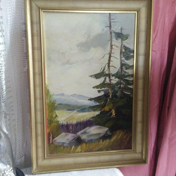 Midcentury framed painting, trees, Mountains, stones, landscape, ca 1960-70, oil painting on cardboard, Harz Mountains? Abstract