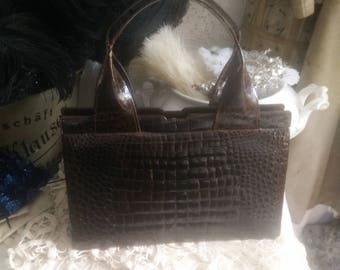 Vintage 60s snake leather handbag, Brown retro handbag, satchel, vintage bag, snakehide , rockabilly, mcm , midcentury,